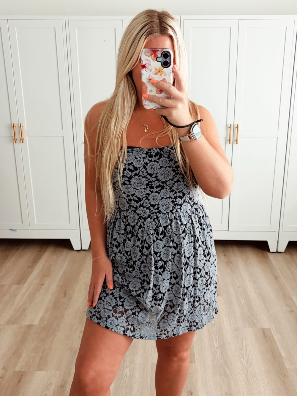 Black and gray velvet floral strapless mini dress